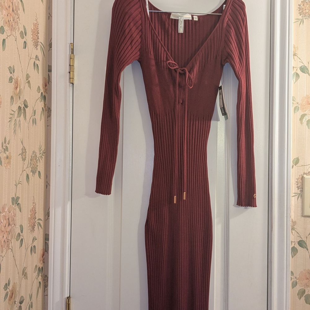 NWT GUESS Women's Sz M Midi Ribbed Bodycon Sweater Dress Long Sleeve Bet On Pink